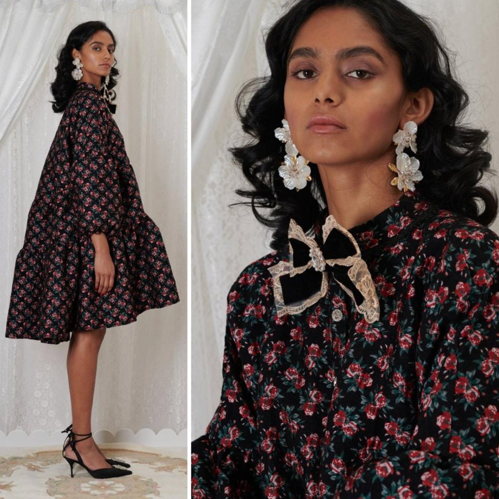 DREAM Sister Jane Trinket Floral Midi Dress Oversized Long Sleeve Jacquard S NEW